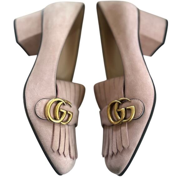 Gucci Double GG Marmont Blush Pink Suede Fringe Loafer Pump - Picture 3 of 15